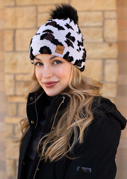 Black White Leopard Pom LV Beanie