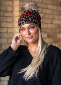 Leopard with red stripe knit hat with  pom detail