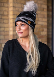 GREY CAMO KNIT BEANIE WITH POM