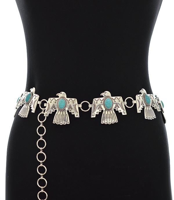 WESTERN THUNDERBIRD SEMI STONE CONCHO BELT - SILVER