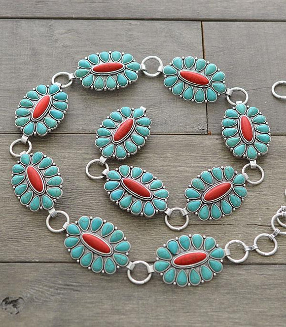 Western Turquoise and Red Concho Belt