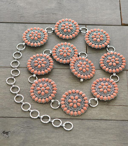 Western Turquoise Blossom Stone Concho Belt - Pink