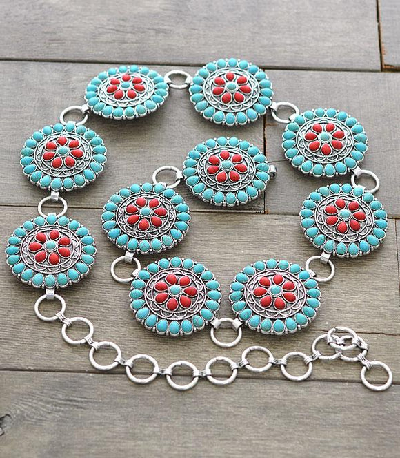 Western Semi Red Stone Turquoise Concho Belt