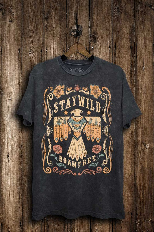 STAY WILD ROAM FREE WESTERN TEE - MINERAL WASH BLACK