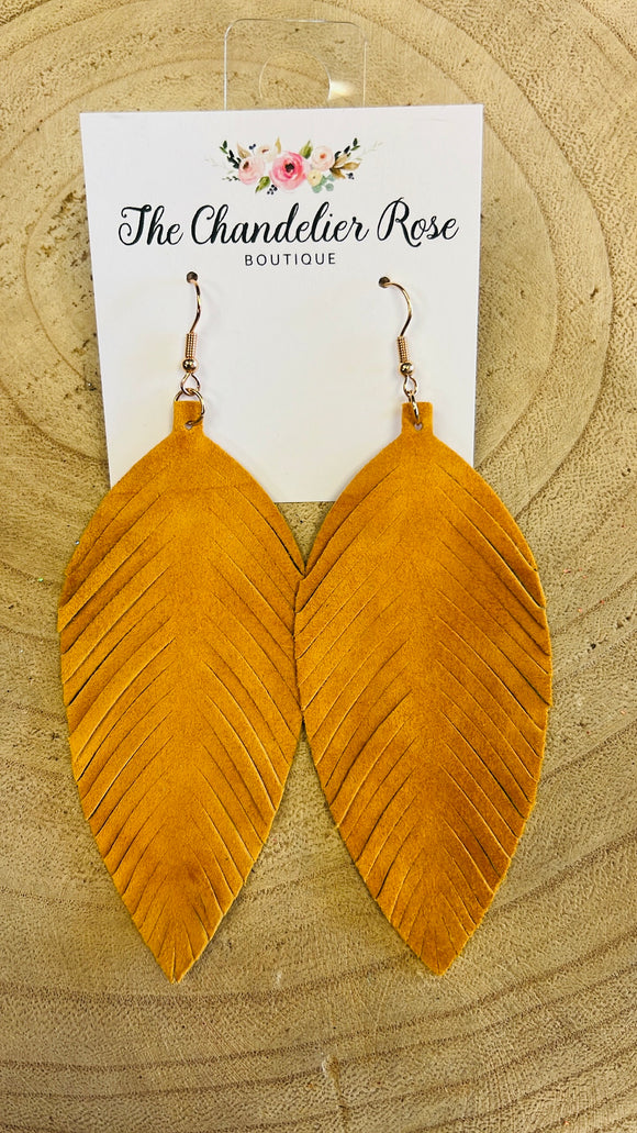 Genuine Leather Leaf Earrings - Mustard