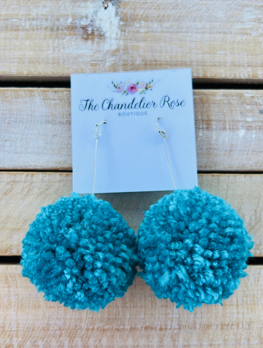 LARGE POM POM EARRINGS - TEAL