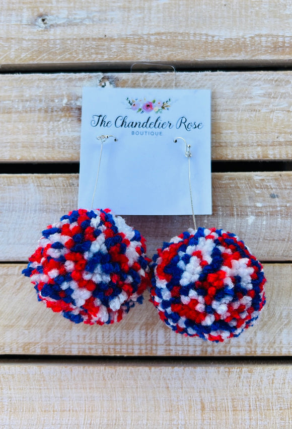 LARGE POM POM EARRINGS - RED, WHITE AND BLUE
