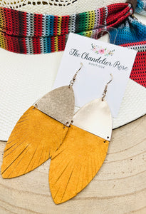 MUSTARD FEATHER EARRING WITH GOLD DANGLE
