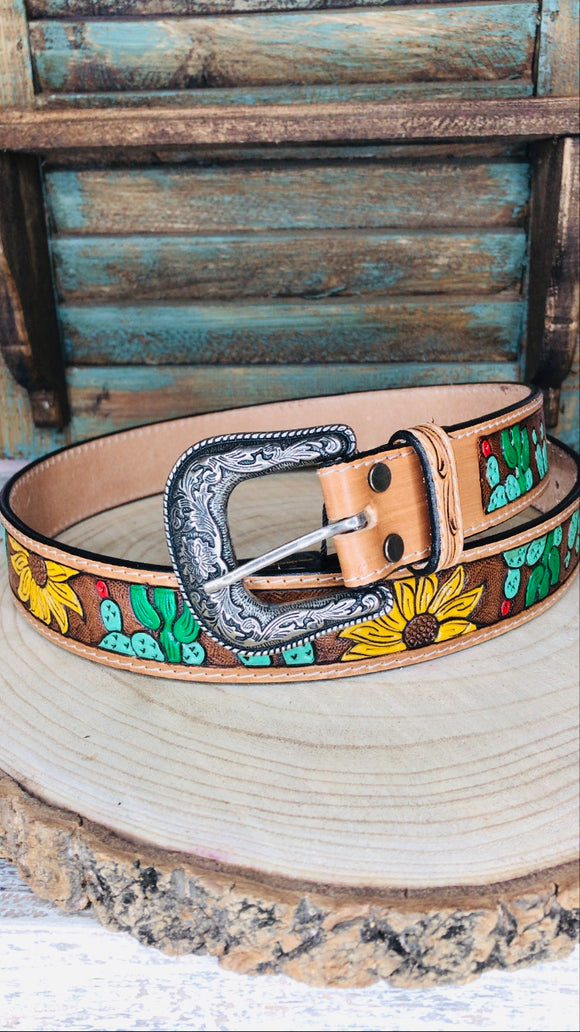 American Darling Leather Tooled Sunflower and Cactus Belt - ADBLF101
