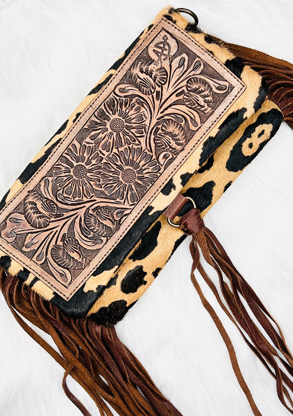 American Darling Cowhide with Tooled Leather and Pink Fringe