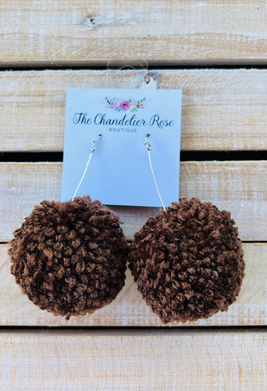 LARGE POM POM EARRINGS - DARK BROWN