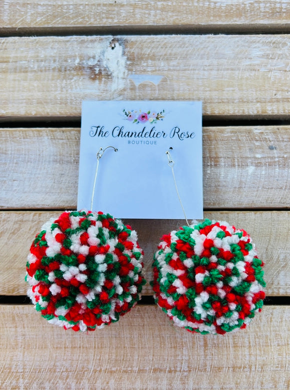 LARGE POM POM EARRINGS - RED, GREEN AND WHITE