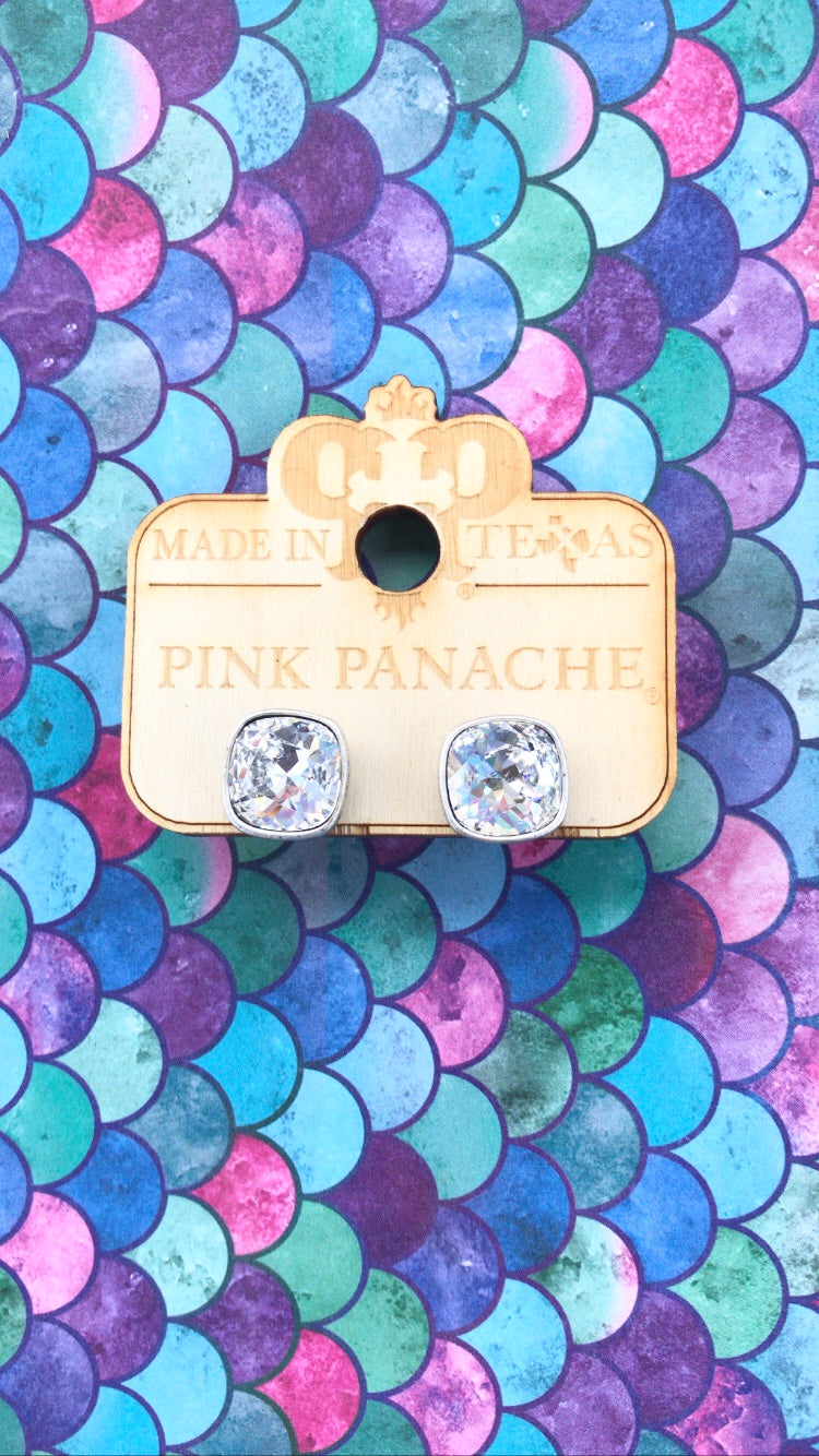 PINK PANACHE 10MM CLEAR CUSHION STUD EARRINGS - E509SCL