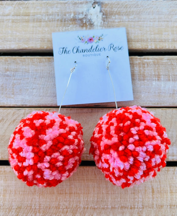 LARGE POM POM EARRINGS - PINK AND RED