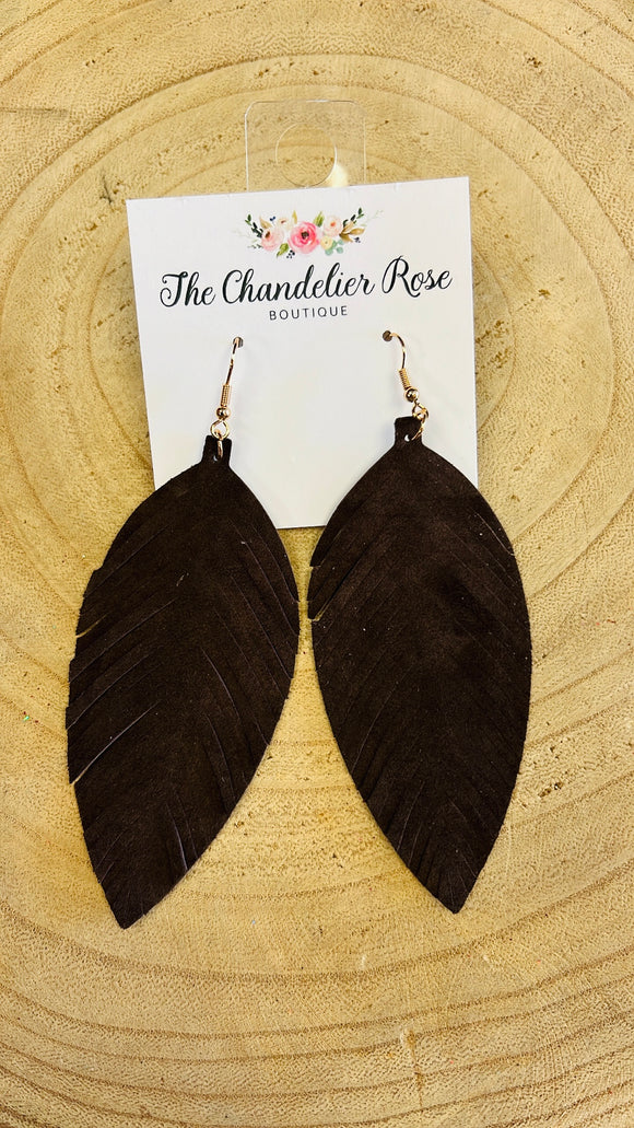 Genuine Leather Leaf Earrings - Dark Brown