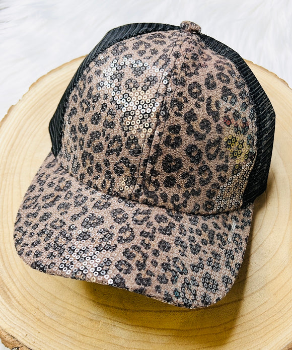 CLEAR SEQUIN LEOPARD C.C. BALL CAP - TAUPE