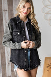 LEOPARD PRINT SLEEVE BLACK DENIM JACKET