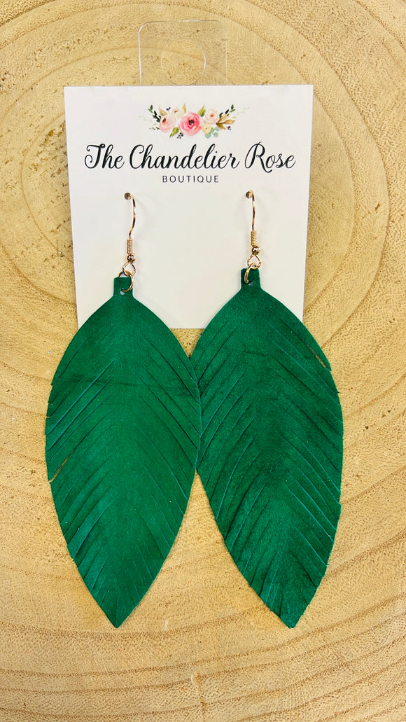 Genuine Leather Leaf Earrings - Green