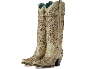 CORRAL WOMEN'S BEIGE DISTRESSED GLITTER INLAY SNIP TOE BOOT - A4345