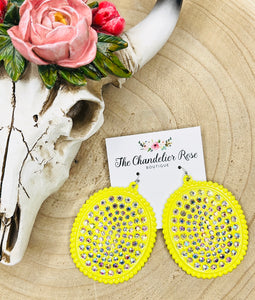 AB Stone Oval Earrings - Highlighter Yellow