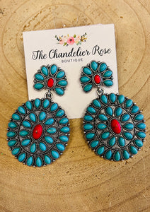 Bohemian Blossom Post Earrings - TURQUOISE WITH RED CENTER