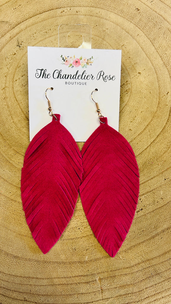 Genuine Leather Leaf Earrings - RED