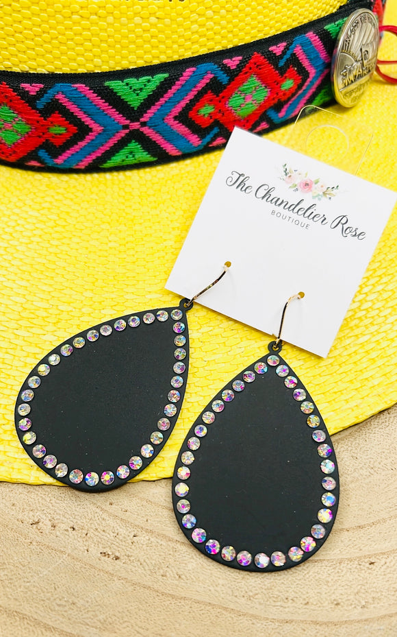 BLACK TEAR DROP EARRINGS WITH RHINESTONE