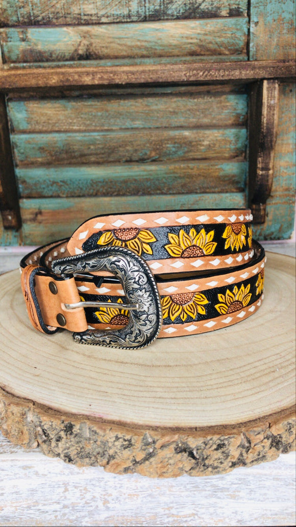 American Darling Leather Tooled Sunflower Belt - ADBLF102