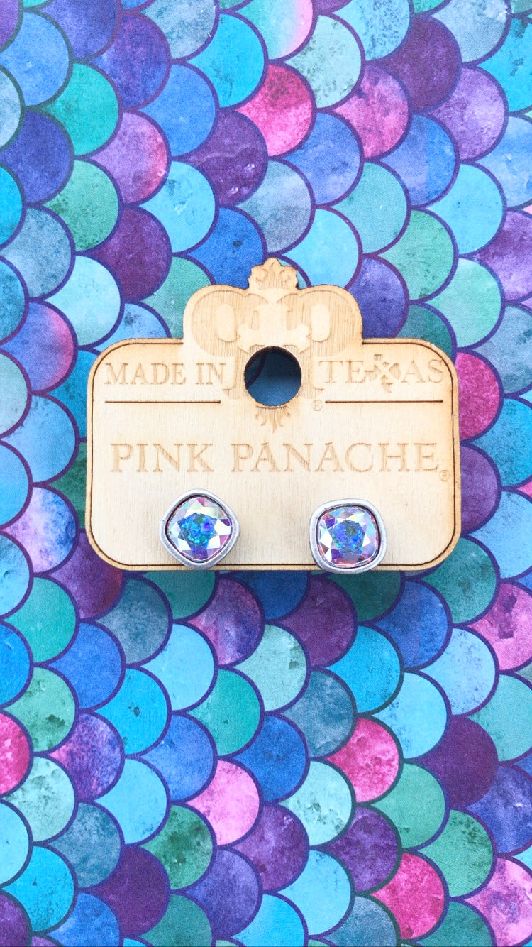 PINK PANACHE SILVER CUSHION CUT STUDS 8MM - E540SAB