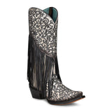 CORRAL WOMEN'S WHITE/BLACK LAMB OVERLAY EMBROIDERY FRINGE WESTERN BOOTS C3877