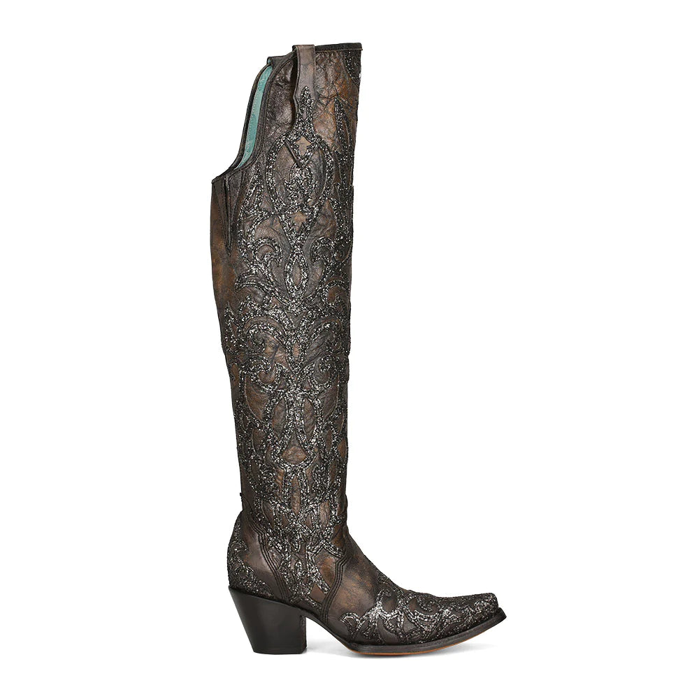 CORRAL WOMEN'S BLACK GLITTER OVERLAY & EMBROIDERY TALL WESTERN BOOT - C3926