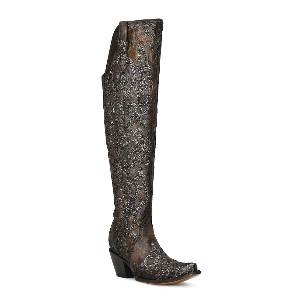 CORRAL WOMEN'S BLACK GLITTER OVERLAY & EMBROIDERY TALL WESTERN BOOT - C3926
