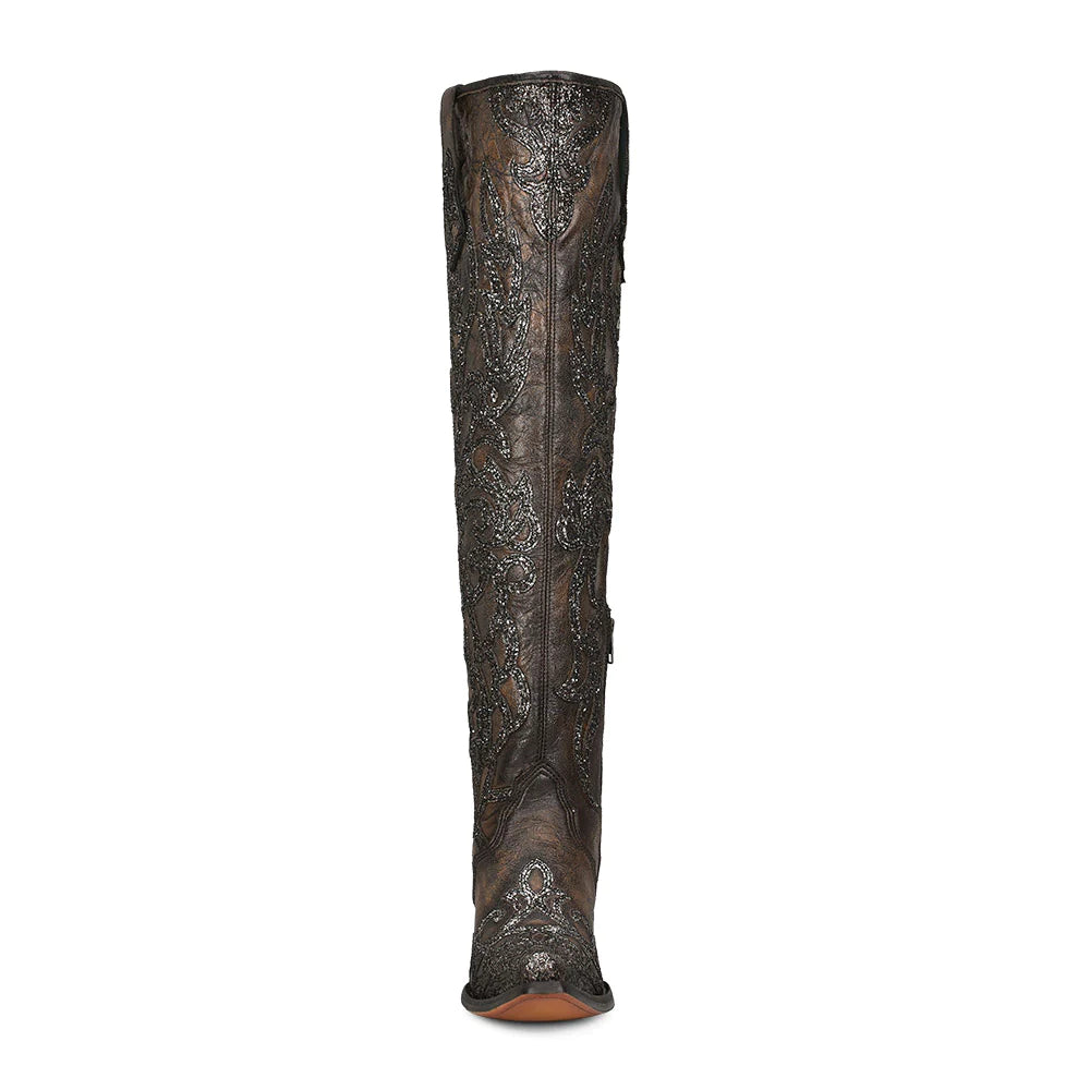 CORRAL WOMEN'S BLACK GLITTER OVERLAY & EMBROIDERY TALL WESTERN BOOT - C3926