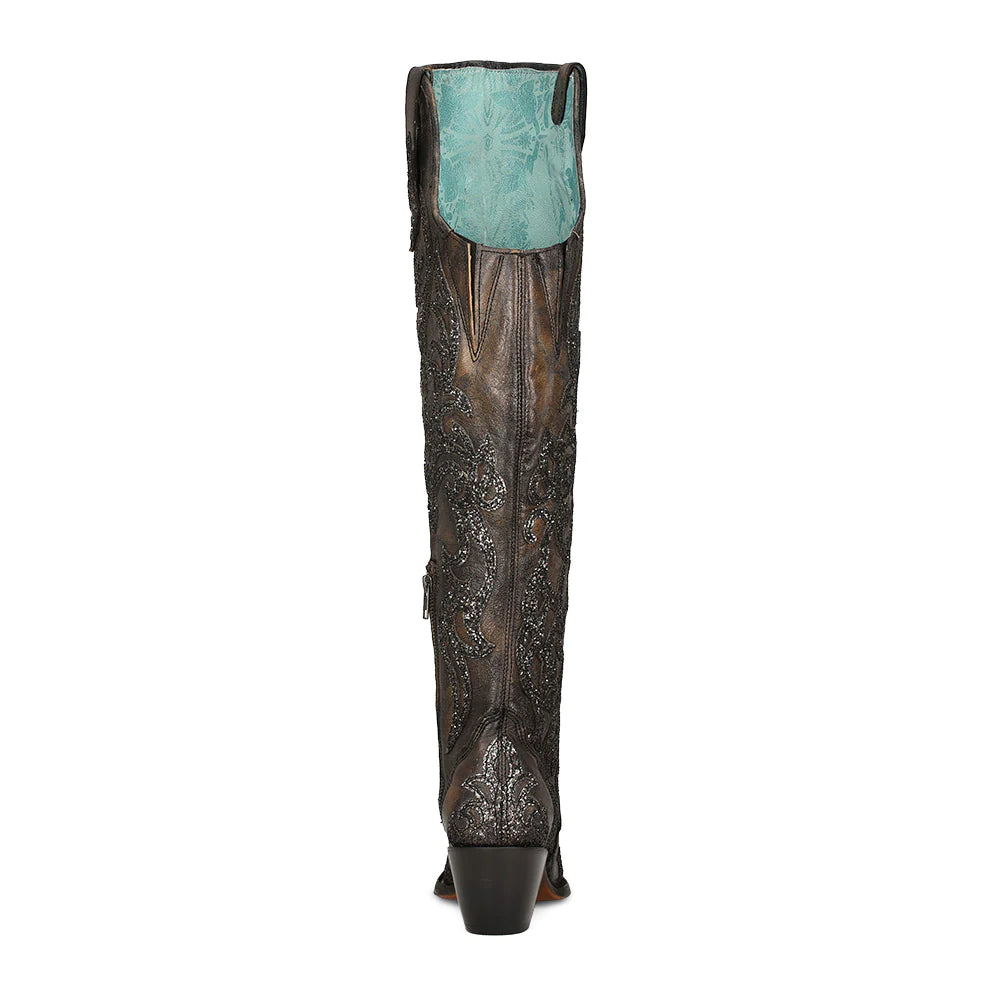 CORRAL WOMEN'S BLACK GLITTER OVERLAY & EMBROIDERY TALL WESTERN BOOT - C3926
