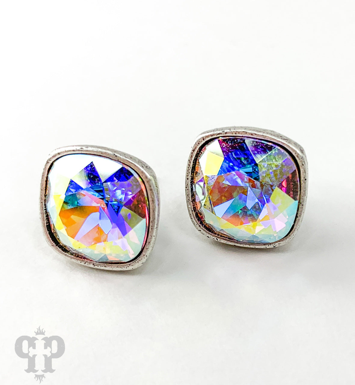 PINK PANACHE SILVER CUSHION CUT STUDS 12MM - E448SAB
