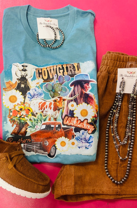 COWGIRL WHISKEY TEE - HEATHER LAGOON