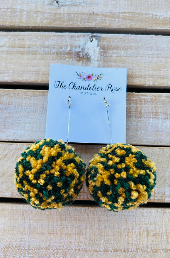 LARGE POM POM EARRINGS - GREEN AND GOLD