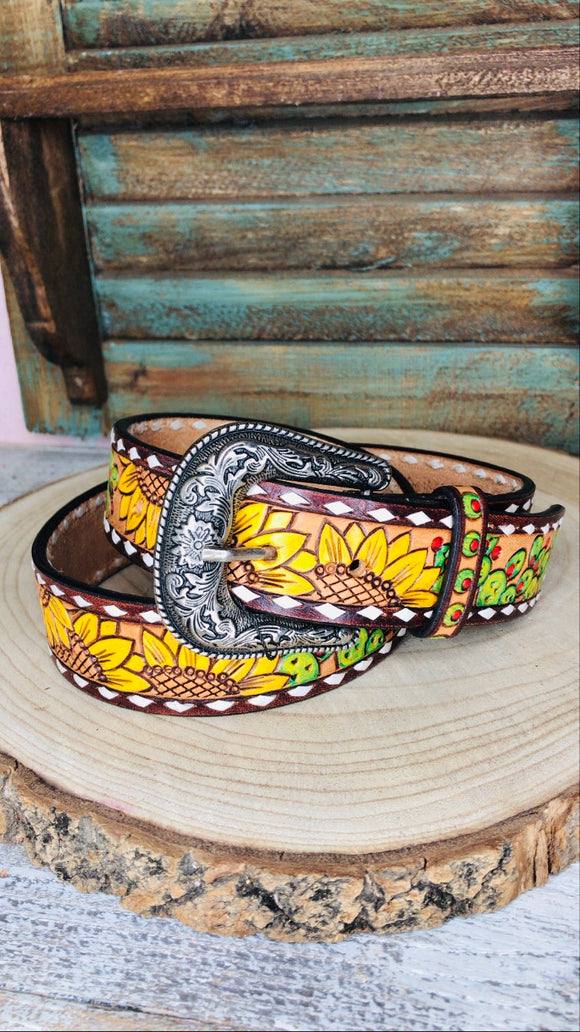 American Darling Leather Tooled Sunflower and Cactus Belt - ADBLF106
