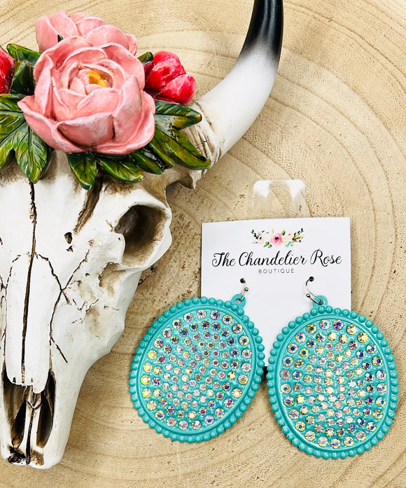 TURQUOISE WITH AB RHINESTONE OVAL EARRINGS