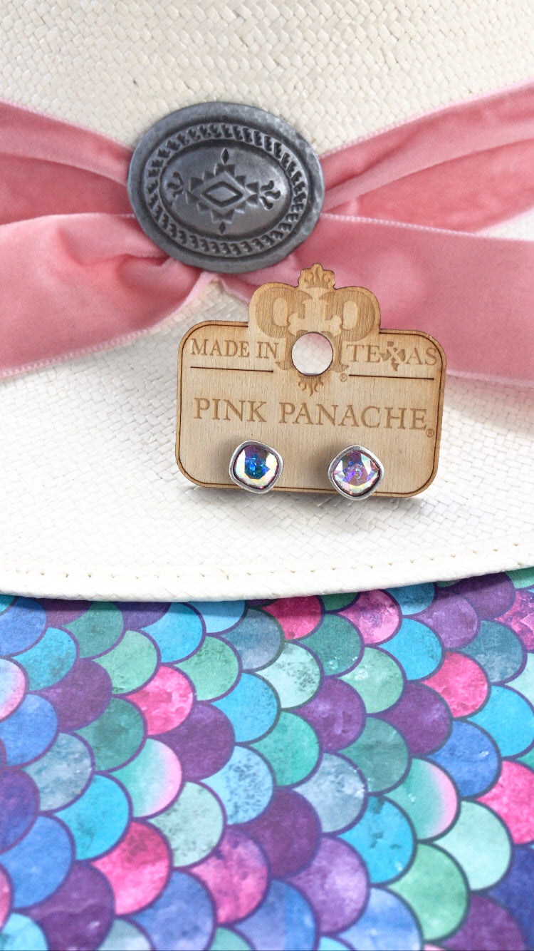 PINK PANACHE SILVER CUSHION CUT STUDS 8MM - E540SAB