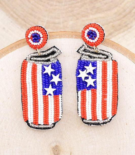 AMERICA PATRIOTIC BEER CAN BEADED EARRINGS