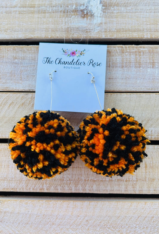 LARGE POM POM EARRINGS - ORANGE AND BLACK