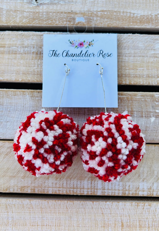 LARGE POM POM EARRINGS - WHITE AND RED
