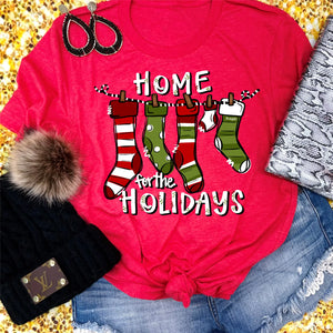 HOME FOR THE HOLIDAYS STOCKINGS TEE - HEATHER RED