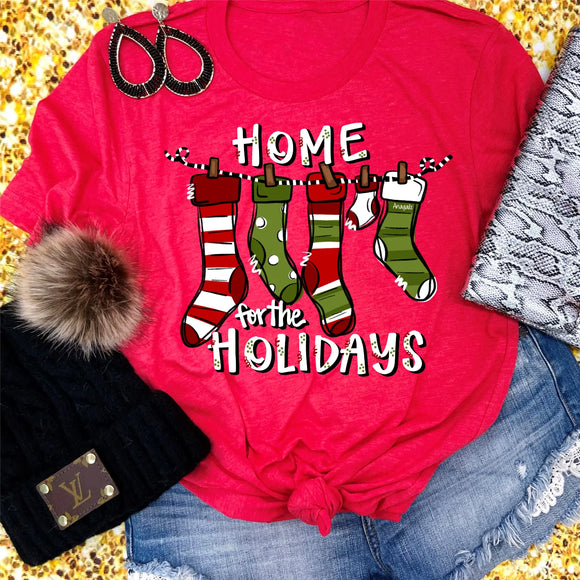 HOME FOR THE HOLIDAYS STOCKINGS TEE - HEATHER RED