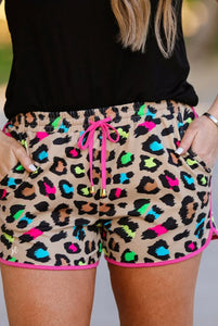 SPLASH OF COLOR DRAWSTRING EVERYDAY SHORTS - LEOPARD