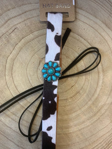 TURQUOISE CONCHO DARK BROWN COW PRINT HAT BAND