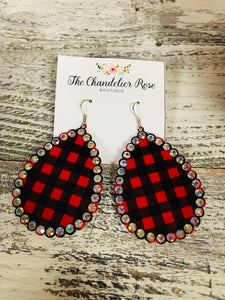 RED PATTERN PLAID PEARL SHAPE EARRINGS