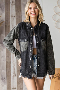 LEOPARD PRINT SLEEVE BLACK DENIM JACKET