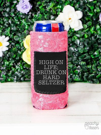 Drunk on Hard Seltzer Sequin Can Coolers For Slim Can